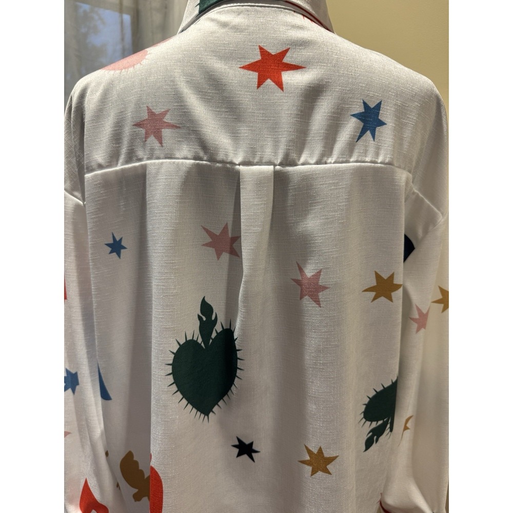 Women's White Multicolor Heart Stars Birds Collared Button-Front Long Sleeve L - Picture 6 of 6